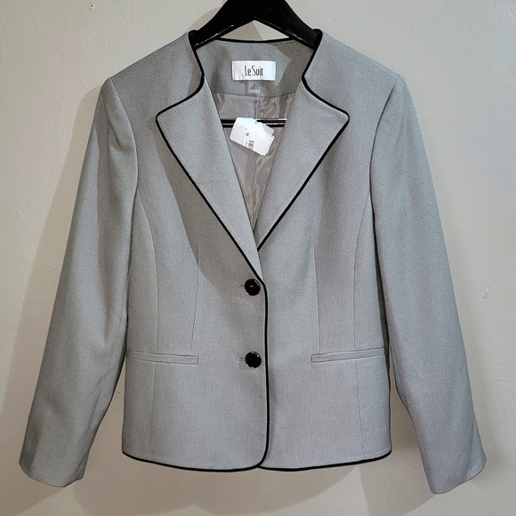 Le Suit NWOT Black Trim Gray Winged Collar 2 Button Blazer Suit Jacket - SIZE 8 - Picture 1 of 12
